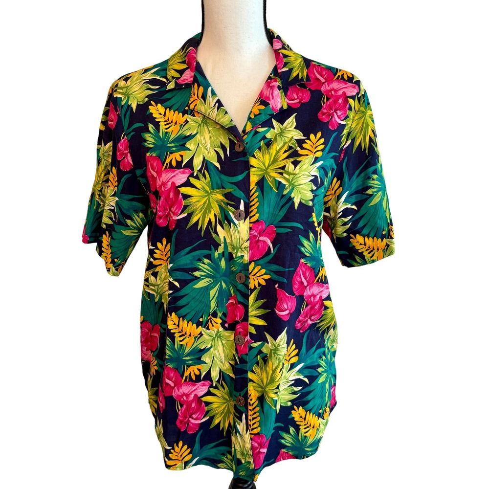 Vintage Teddi Blouse Women's Small Neon Tropical Pattern Short Sleeve Button Up